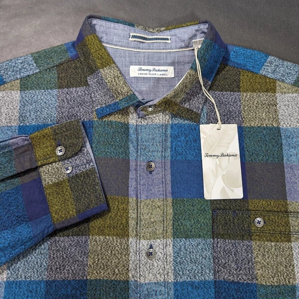 Tommy Bahama Big & Tall Canyon Beach Bonfire Check Flannel Shirt Burnt Olive 3XB - Picture 4 of 8